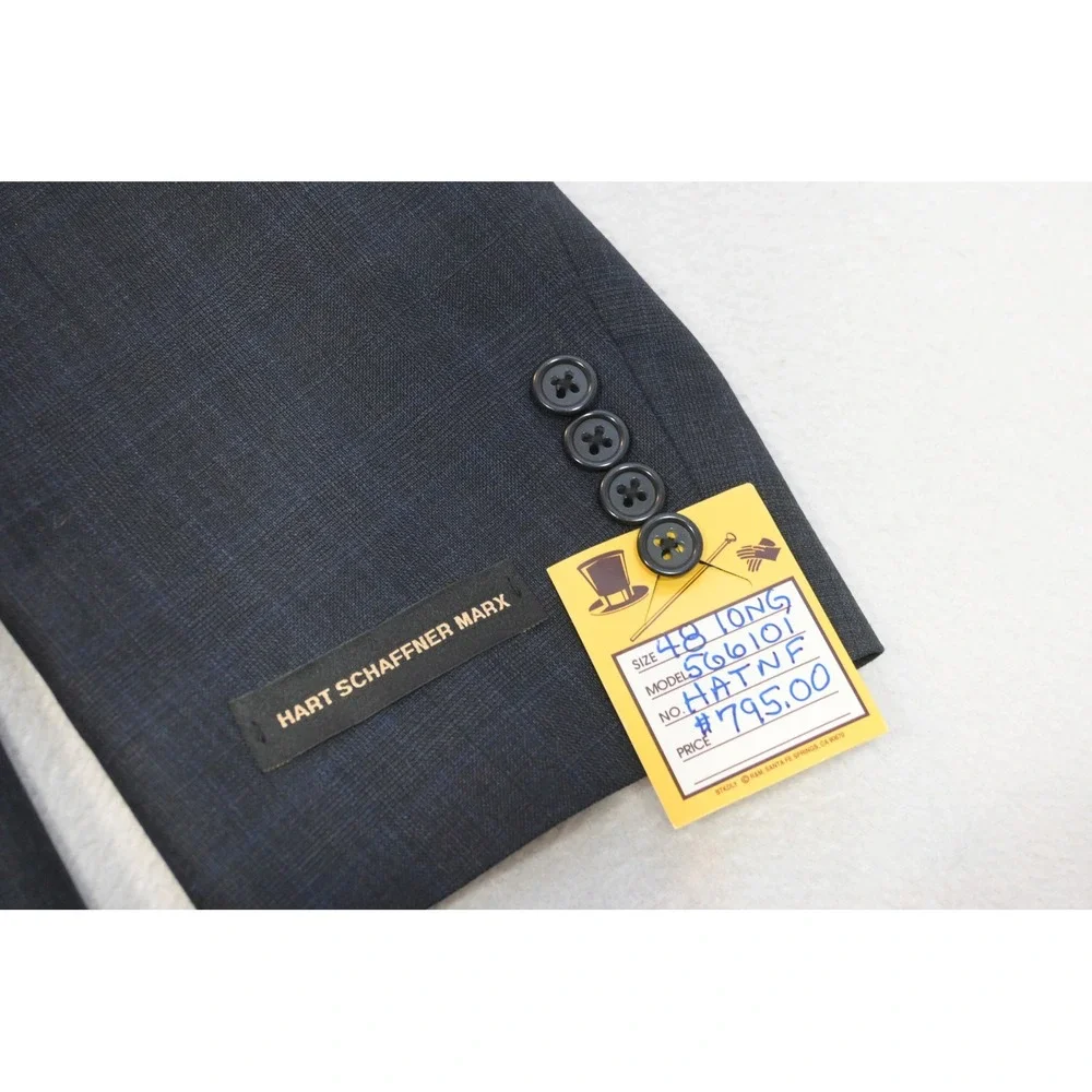 Hart Schaffner Marx Suit Mens 48L 42W Blue Worsted Wool Plaid 2pc Classic New